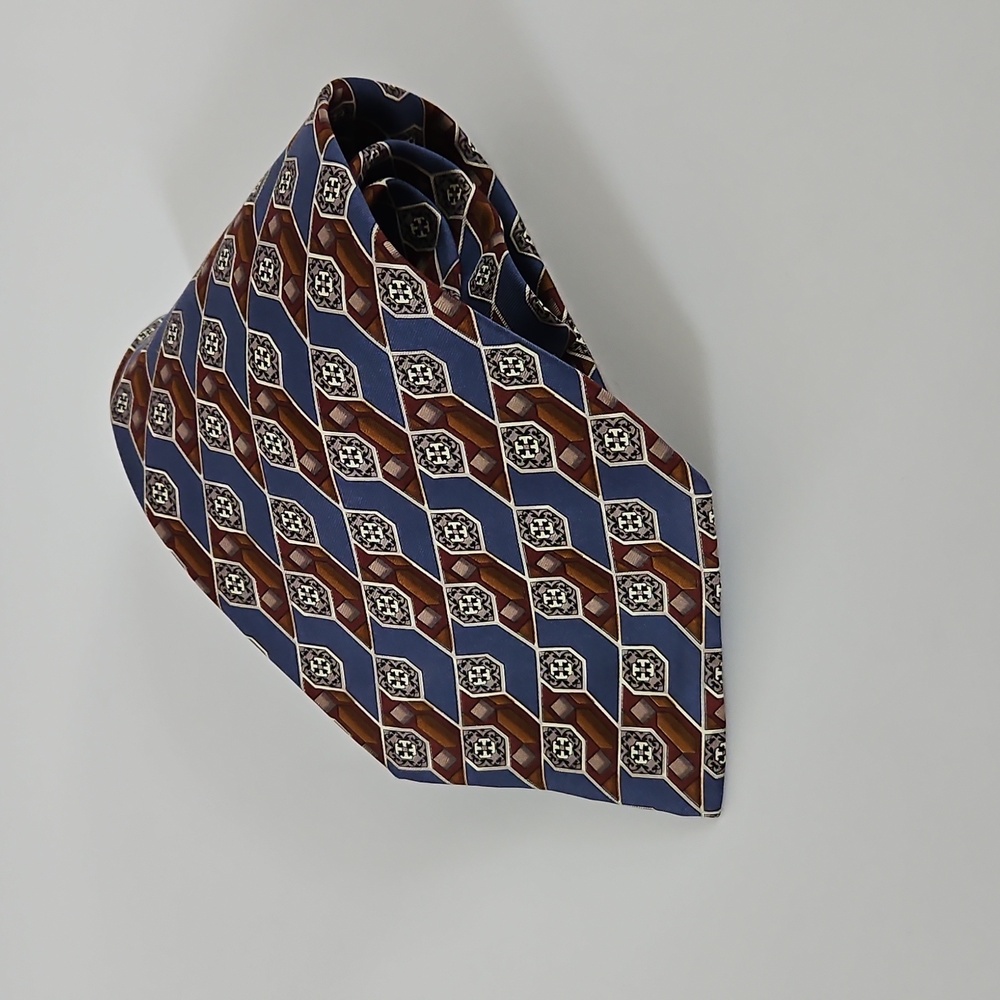 VALENTINO Blue Brown White Print Silk Neck Tie